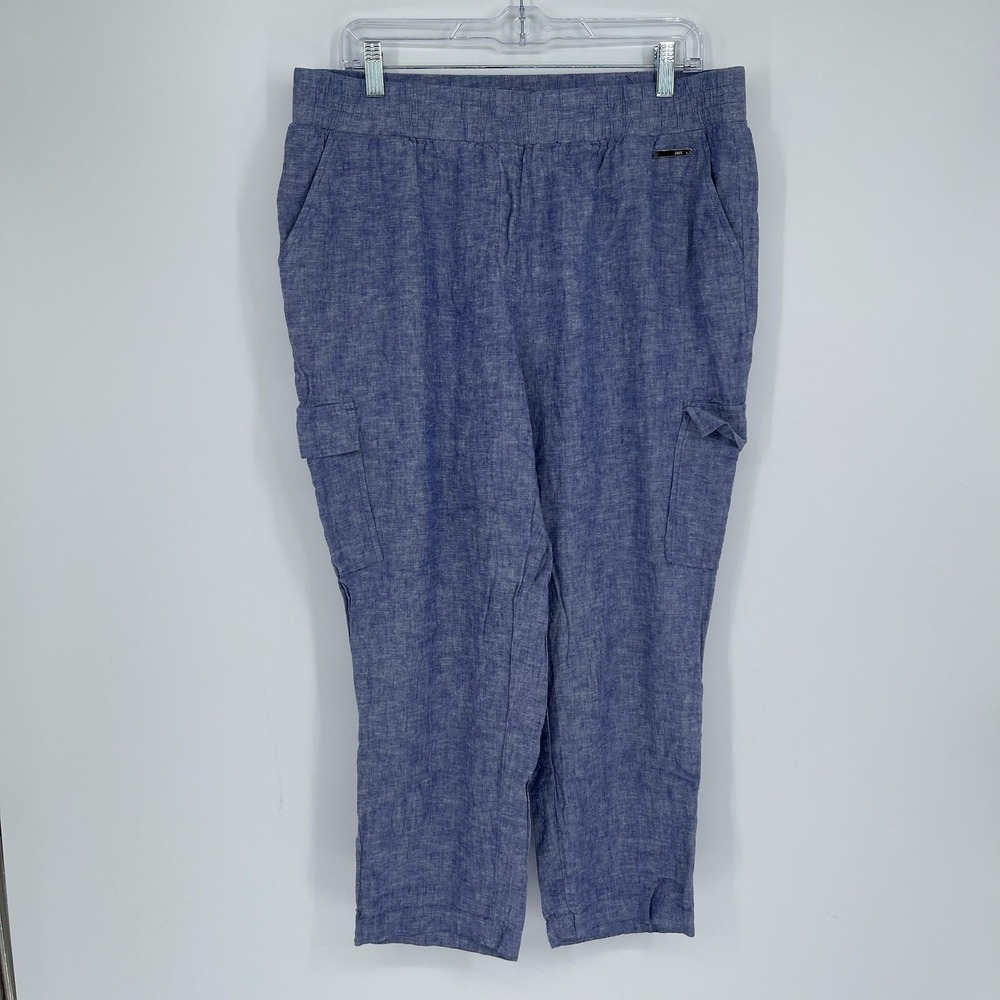 Jones New York Women's Blue Linen Blend Straight Pull On Cargo Crop Pants Size L